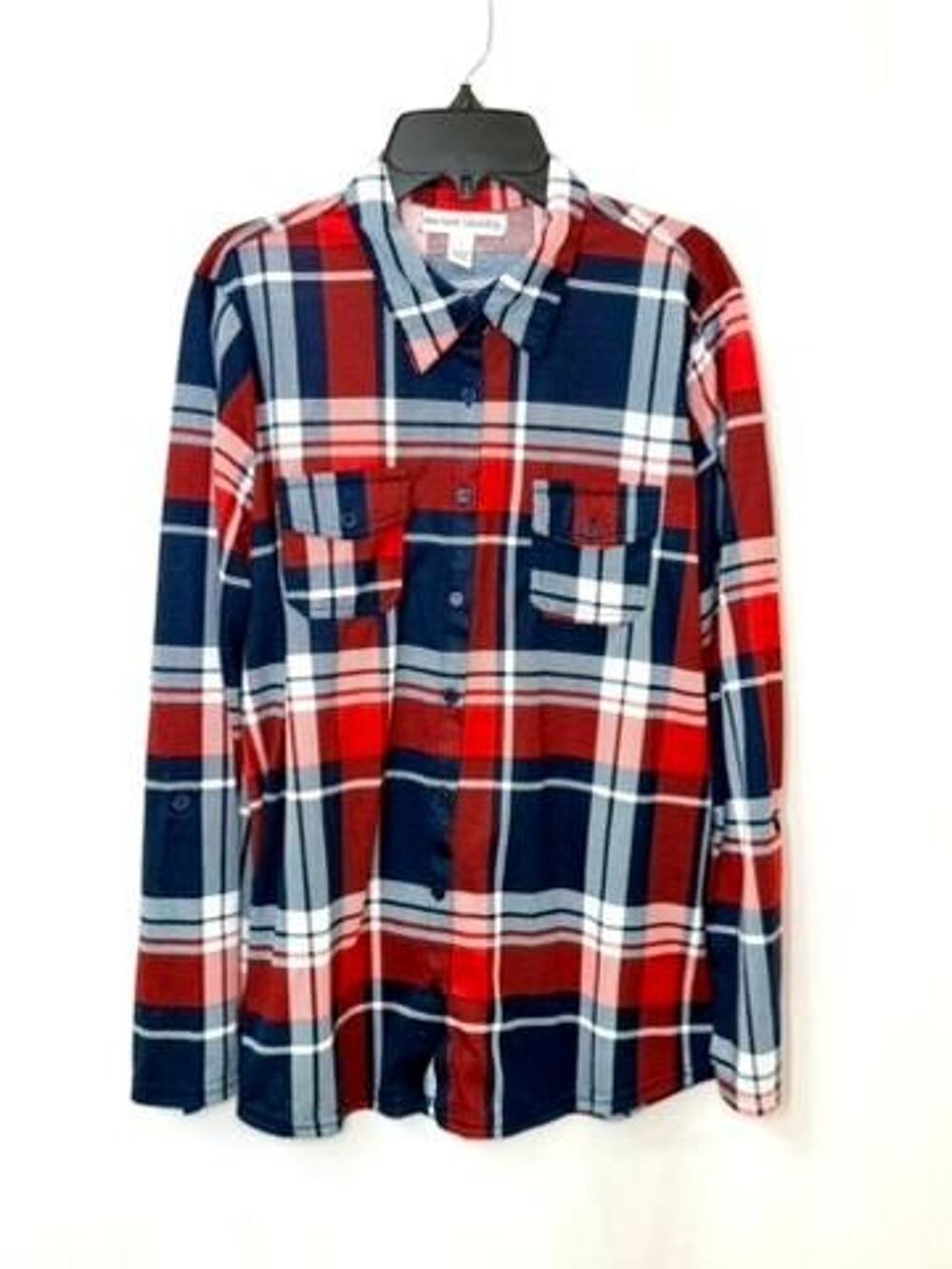 New York Laundry Plaid Button Up Shirt Womens Large Red Blue Roll Tab Sleeve